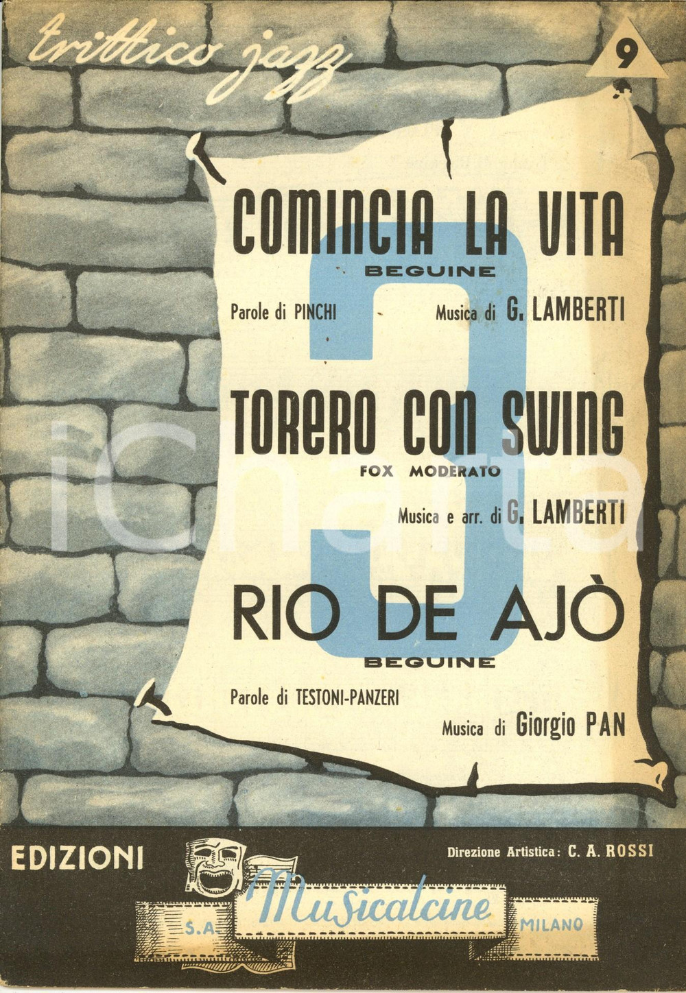 Oggetto da collezione cartaceo 1950 TRITTICO JAZZ N. 9 Comincia la vita, Torero con swing, Rio de AjÃ² Spartito 1