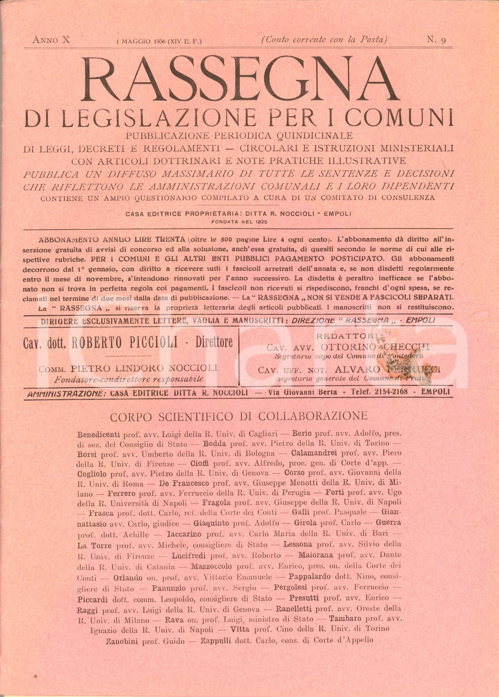 Documento originale, autentico 1936 RASSEGNA DI LEGISLAZIONE PER COMUNI Giurisdizione dei dipendenti Anno X nÂ°9 1