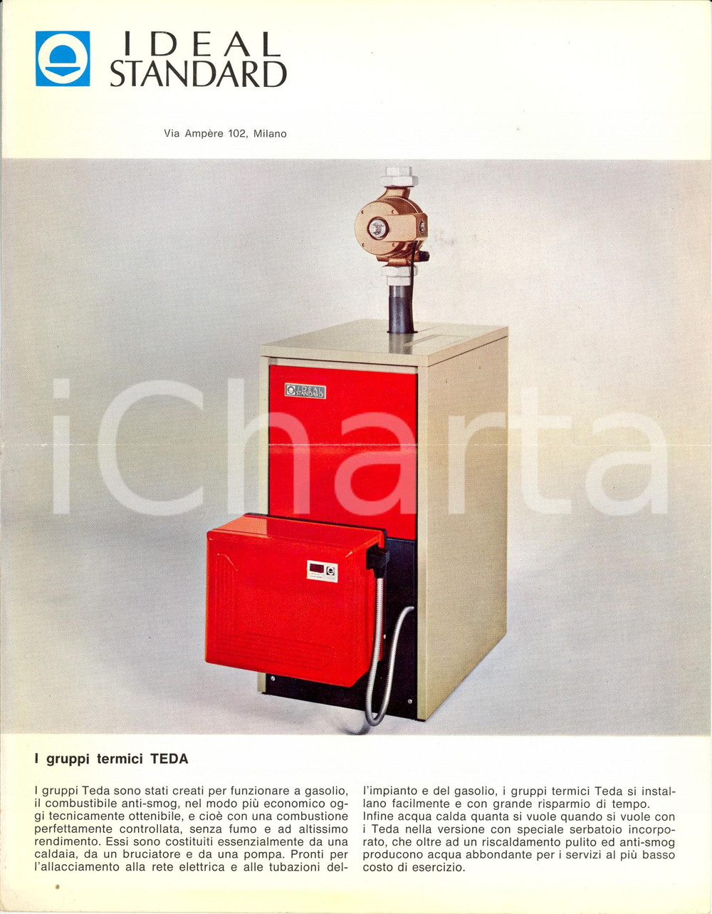 Materiale pubblicitario d’epoca 1960 ca MILANO IDEAL STANDARD Gruppi termici TEDA riscaldamento e acqua calda 1
