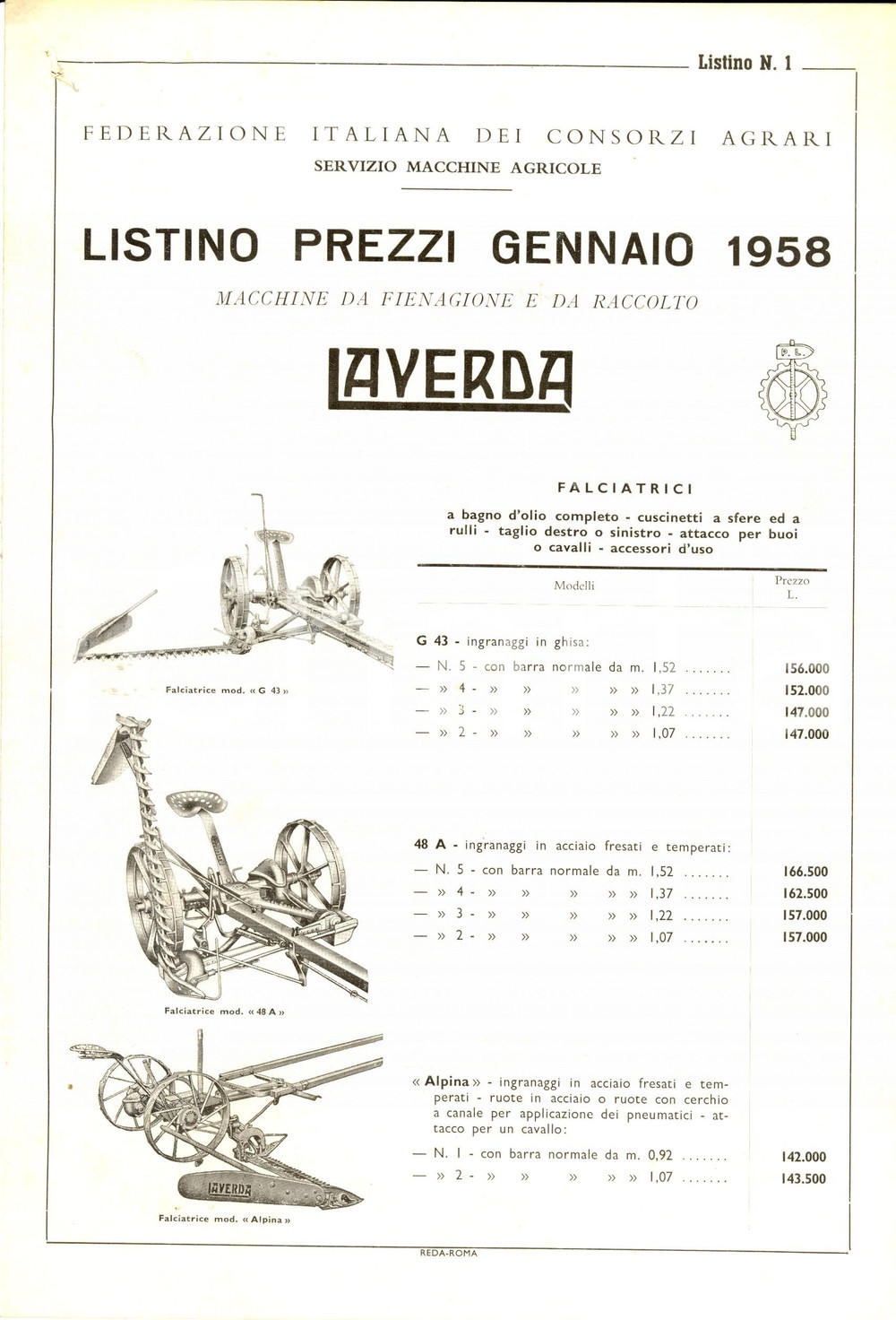 Materiale pubblicitario d’epoca 1958 BREGANZE (VI) Pietro LAVERDA Macchine da fienagione e da raccolto *Listino 1