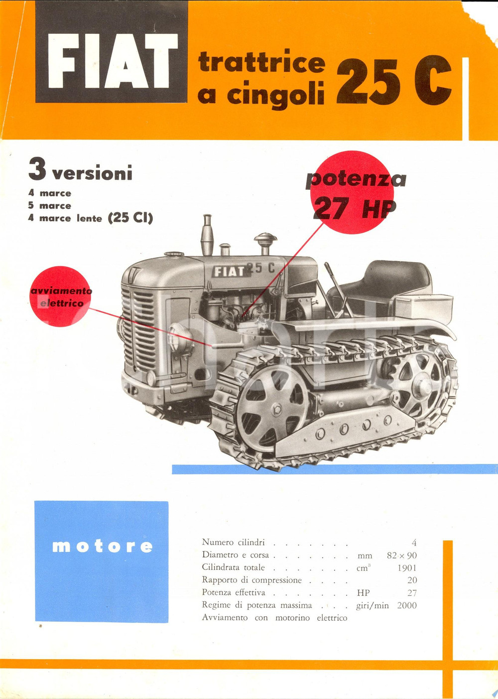 Materiale pubblicitario d’epoca 1955 ca TORINO FIAT Trattrice a cingoli 25 C 3 versioni 27 HP Pubblicità  1