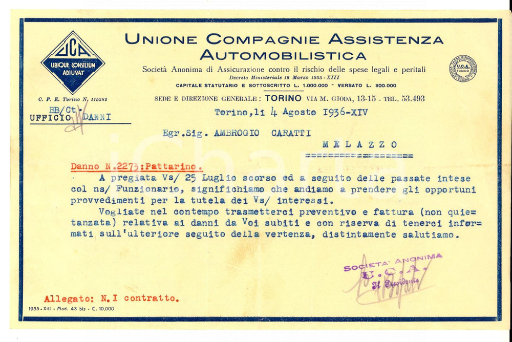Materiale pubblicitario d’epoca 1936 TORINO Unione Compagnie Assistenza Automobilistica *Lettera rimborso 1