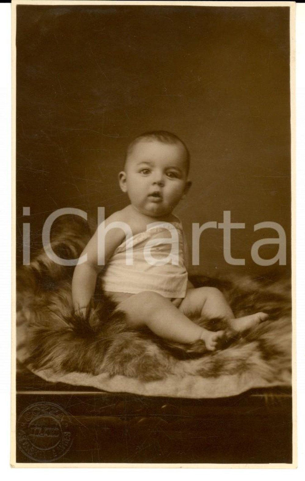 Fotografia d'epoca originale 1920 ca MILANO Bambino di pochi mesi posa su un pellicciotto *Foto COZZA FP 1