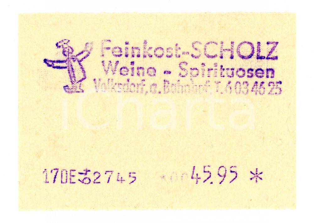 Materiale pubblicitario d’epoca 1964 HAMBURG VOLKSDORF Feinkost SCHOLZ Weine Spirituosen *Scontrino cm 6 x 4 1