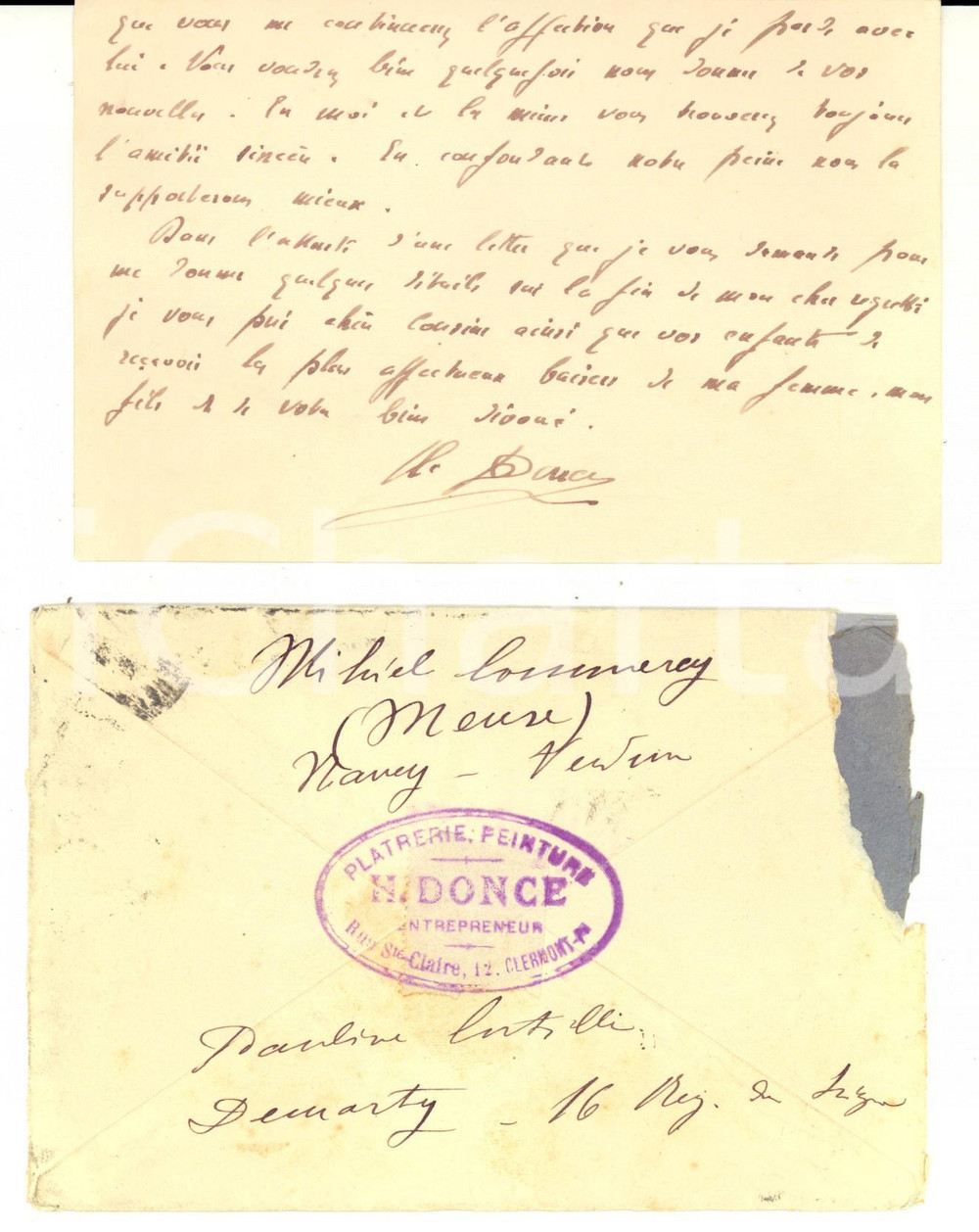 Autografo originale 1919 CLERMONTFERRAND F H. DONCE in morte del cugino Luigi BELLI scultore 1