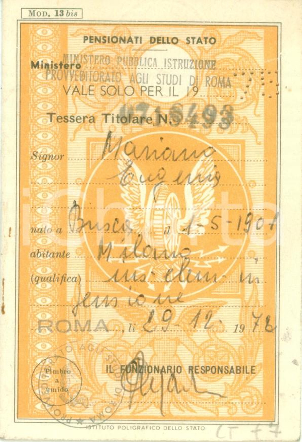 Oggetto da collezione cartaceo 1975 MILANO Eugenia MARIANO insegnante elementare Libretto riduzioni ferroviarie 1
