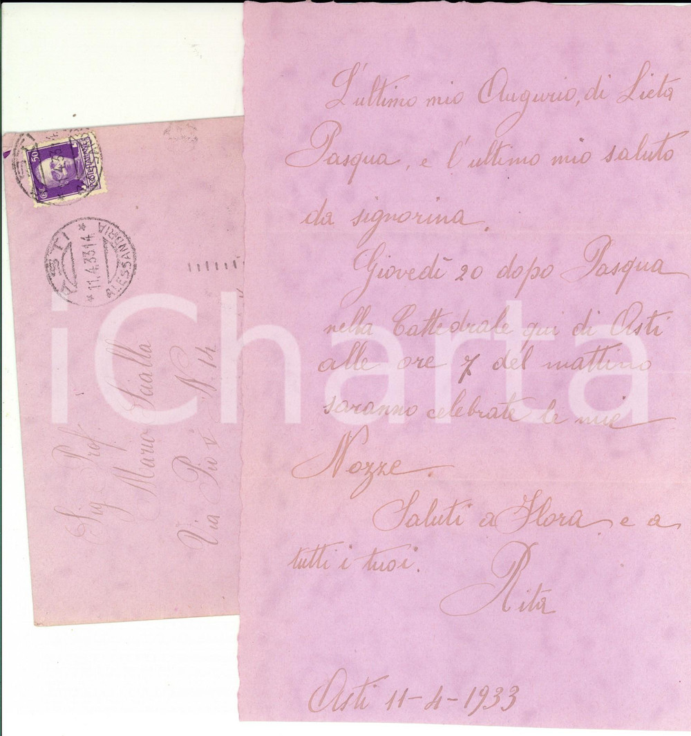 Manoscritto, lettera originale 1933 ASTI Lettera al prof. Mario SCIALLA - L'ultimo mio saluto da signorina 1