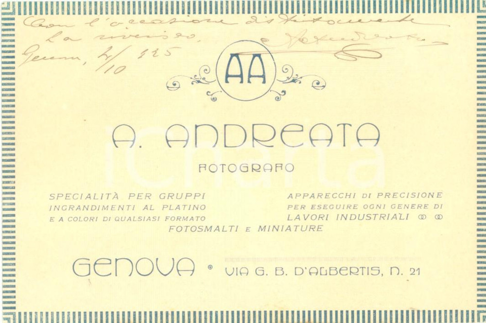 Oggetto da collezione cartaceo 1925 GENOVA Fotografo ANDREATTA SpecialitÃ  per gruppi fotosmalti *Biglietto 1