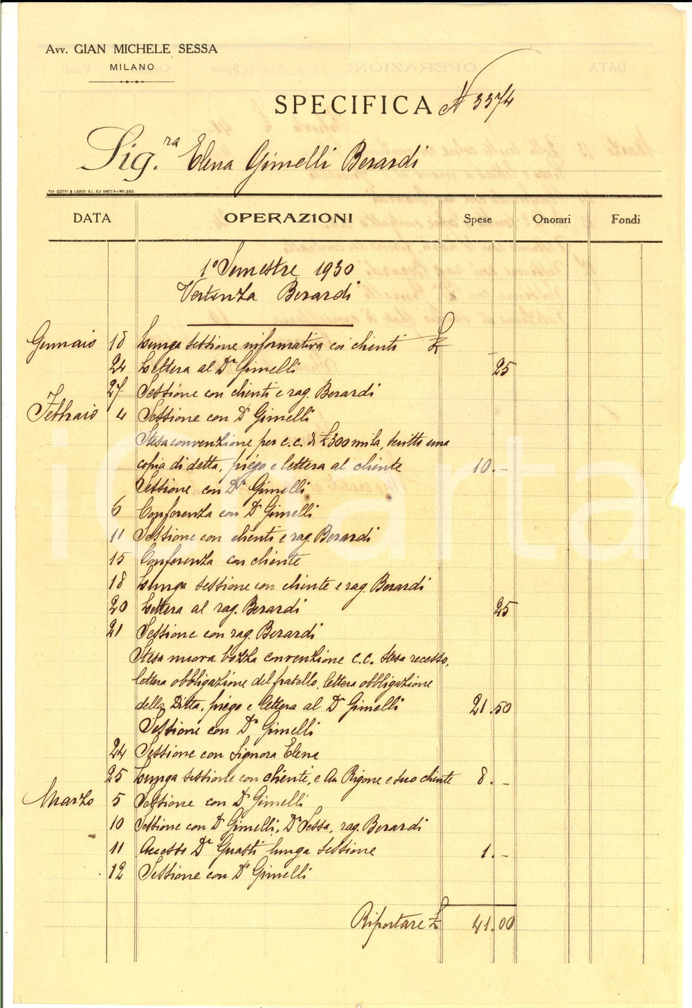 Documento originale, autentico 1930 MILANO Conto dell'avvocato Gian Michele SESSA per Elena GIMELLI BERARDI 1