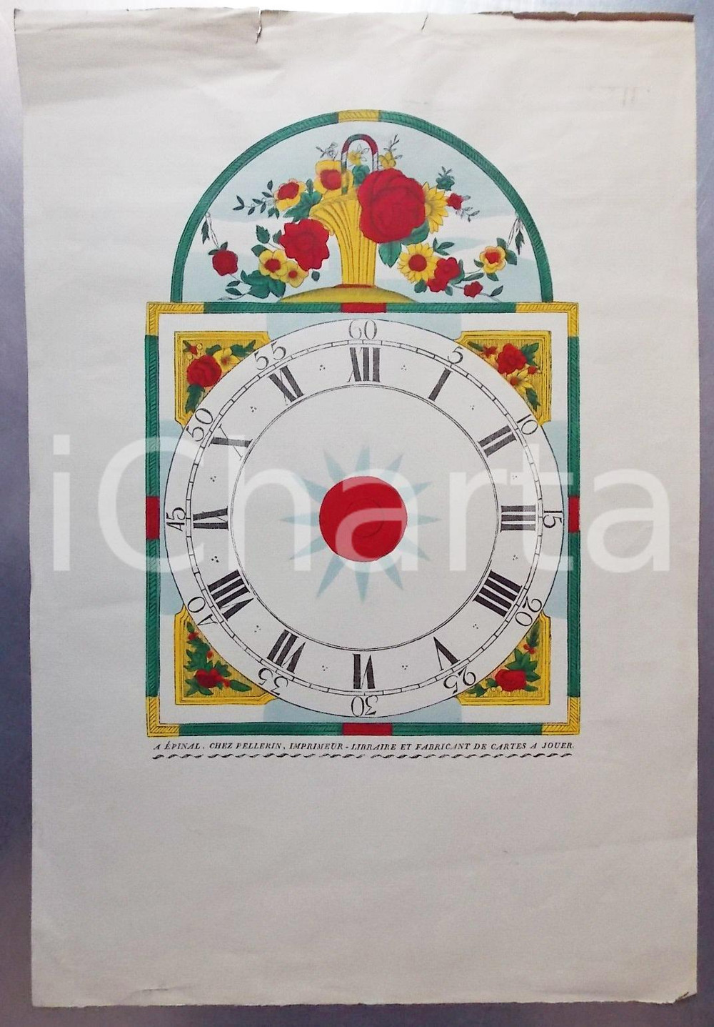 Stampa, bozzetto originale 1850 ca EPINAL Meridiana con motivo floreale *ACQUERELLATA Stampa PELLERIN 1