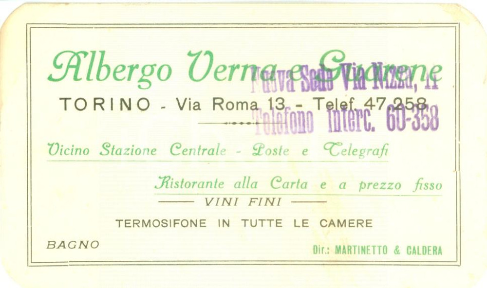 Materiale pubblicitario d’epoca 1940 ca TORINO Albergo VERNA & GUARENE termosifone in tutte le camere *Biglietto 1