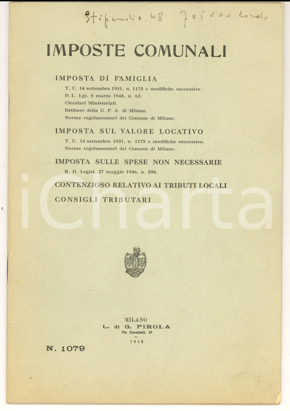 Libro, pubblicazione d'epoca 1948 IMPOSTE COMUNALI Famiglia - Valore locativo - Spese non necessarie 1