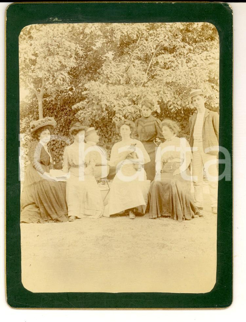 Fotografia d'epoca originale 1900 ca AREA LOMBARDA Famiglia in cortile con il cagnolino *Foto VINTAGE 12x10 1