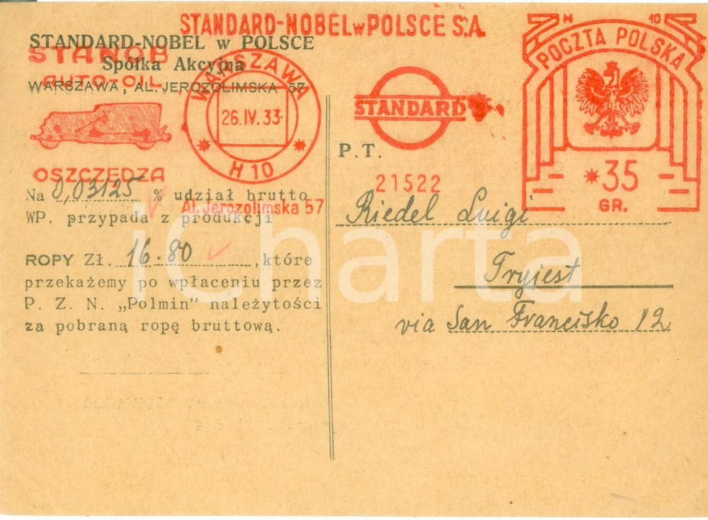 Cartolina originale da collezione 1933 WARSZAWA POLAND Società STANDARD NOBEL W POLSCE Cartolina commerciale FG 1