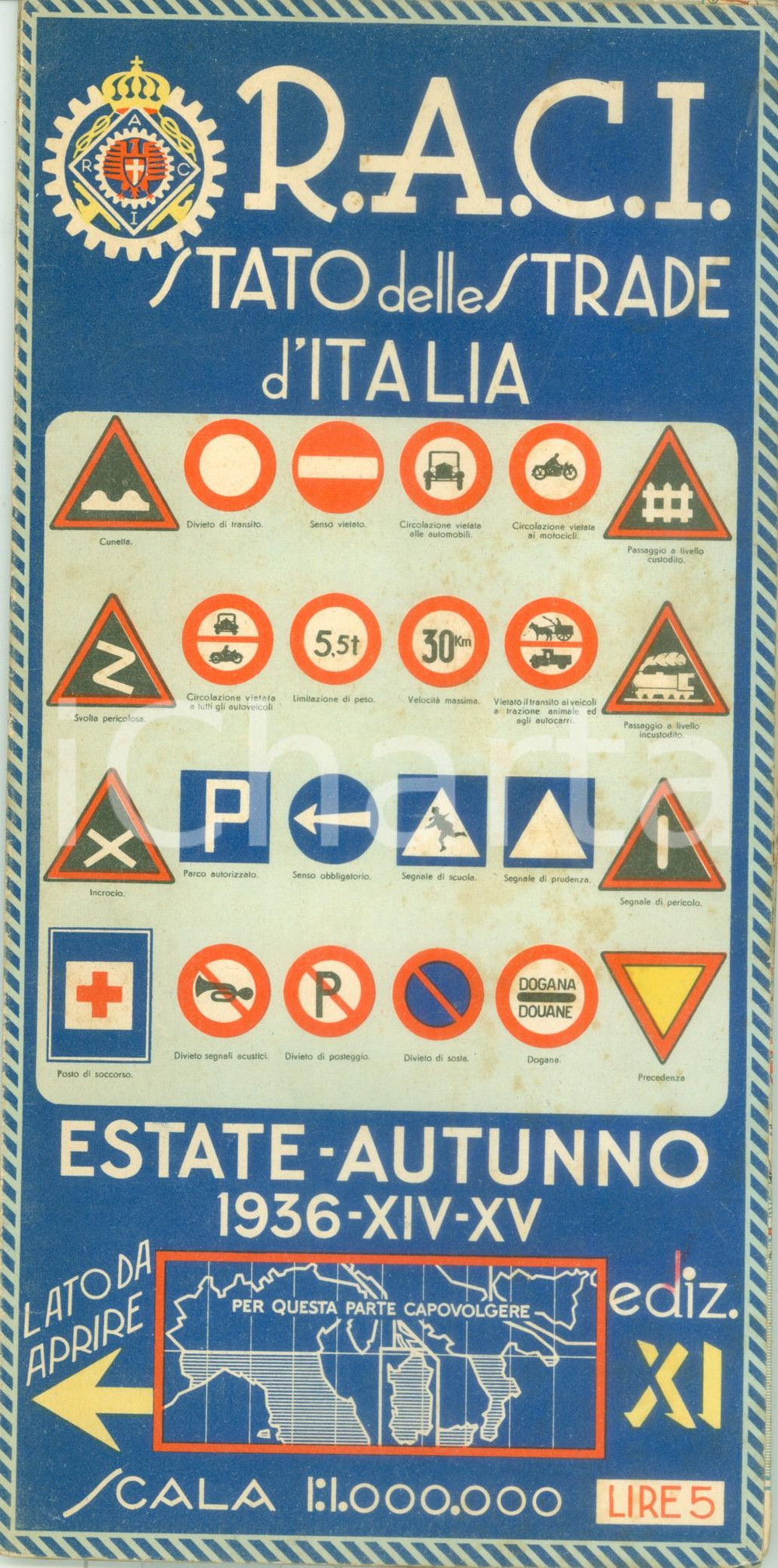 Mappa, planimetria storica 1936 R.A.C.I. Stato delle strade d'ITALIA Estate autunno *Mappa SHELL MOTOR OILS 1