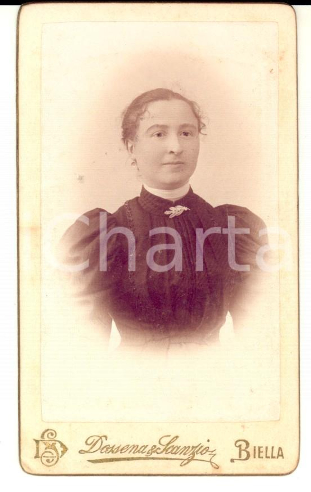 Fotografia d'epoca originale 1890 ca BIELLA Donna con spilla a foglia *Fotografia DOSSENA E SCANZIO 1