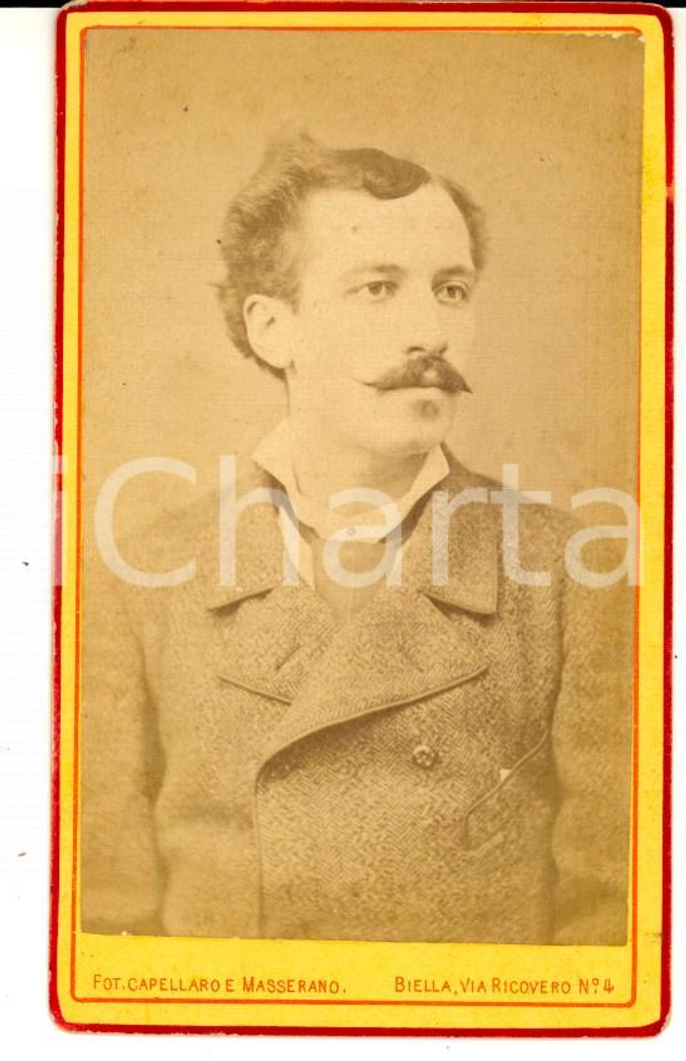 Fotografia d'epoca originale 1880 ca BIELLA Ritratto maschile con abito spigato *Foto CAPELLARO e MASSERANO 1