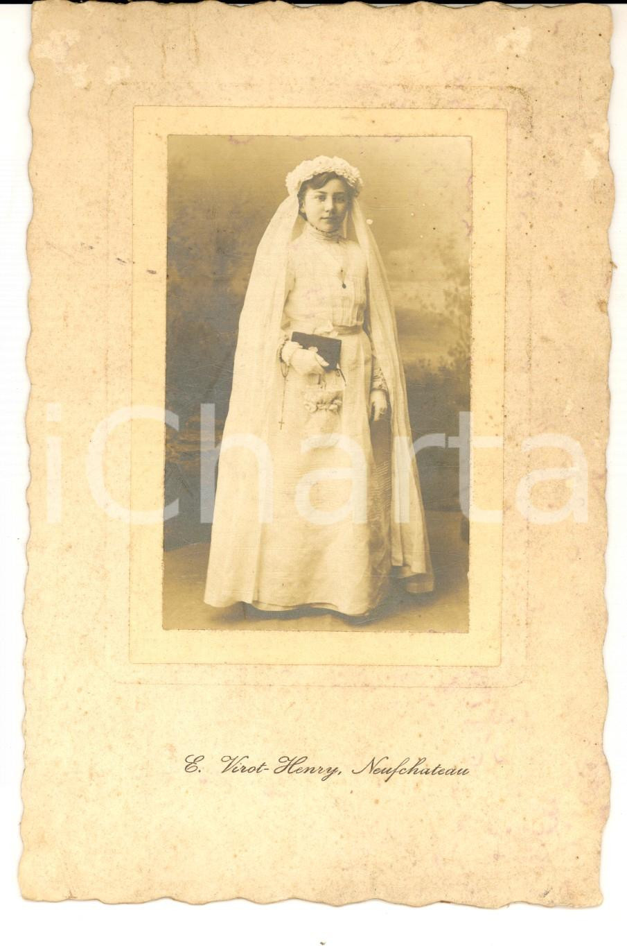 Fotografia d'epoca originale 1916 NEUFCHATEAU (F) Ritratto di bambina alla Prima Comunione *Foto VIROT-HENRY 1