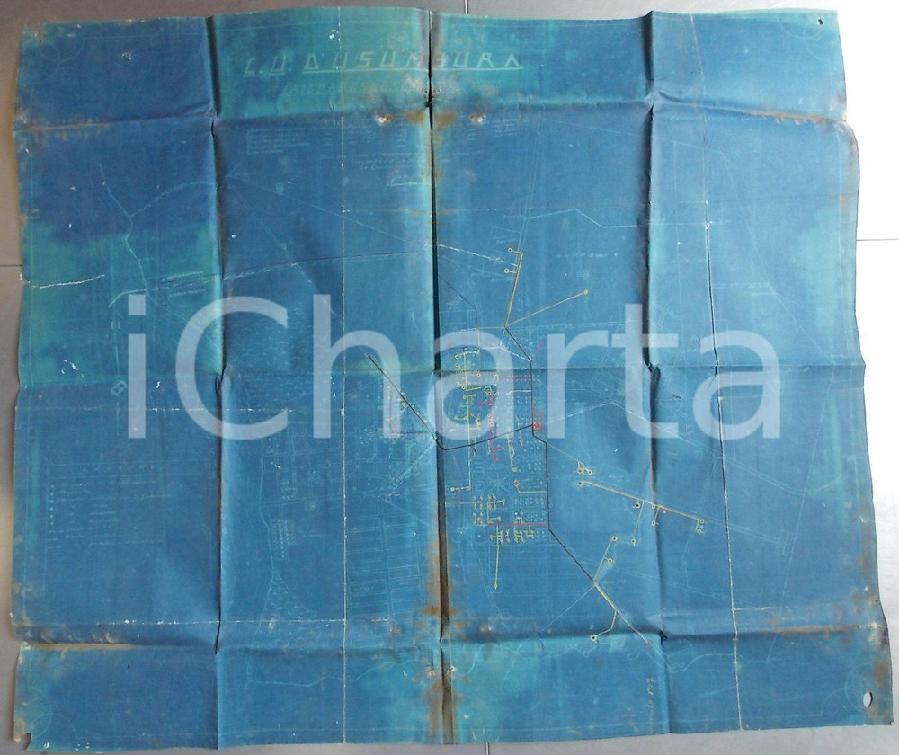 Stampa, bozzetto originale 1940 ca USUMBURA (BURUNDI) Mappa particellare con tariffe lotti *DANNEGGIATA 1