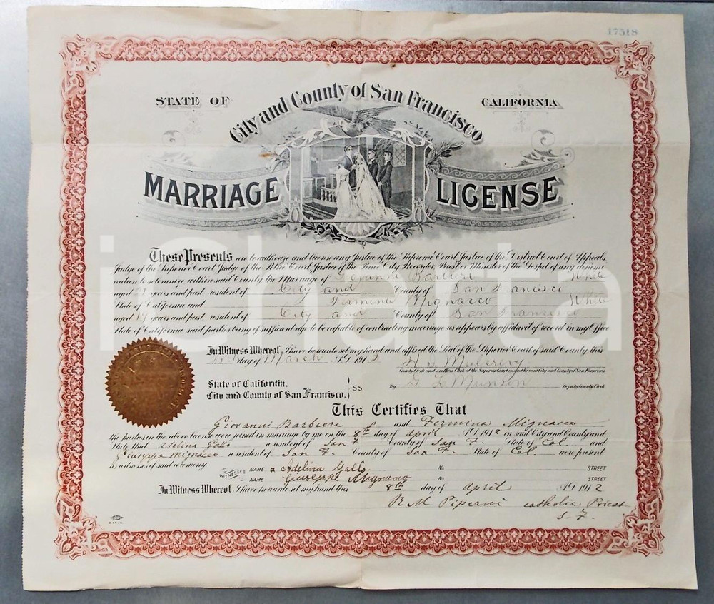 Documento originale, autentico 1912 SAN FRANCISCO USA Certificato matrimonio Giovanni BARBIERI Fermina MIGNACCO 1