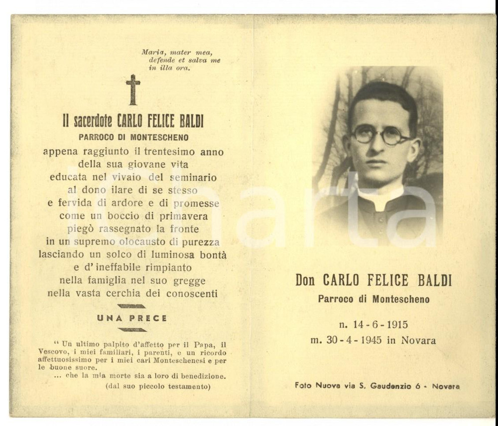 Oggetto da collezione cartaceo 1945 MONTESCHENO VB Morte parroco don Carlo Felice BALDI Santino 1
