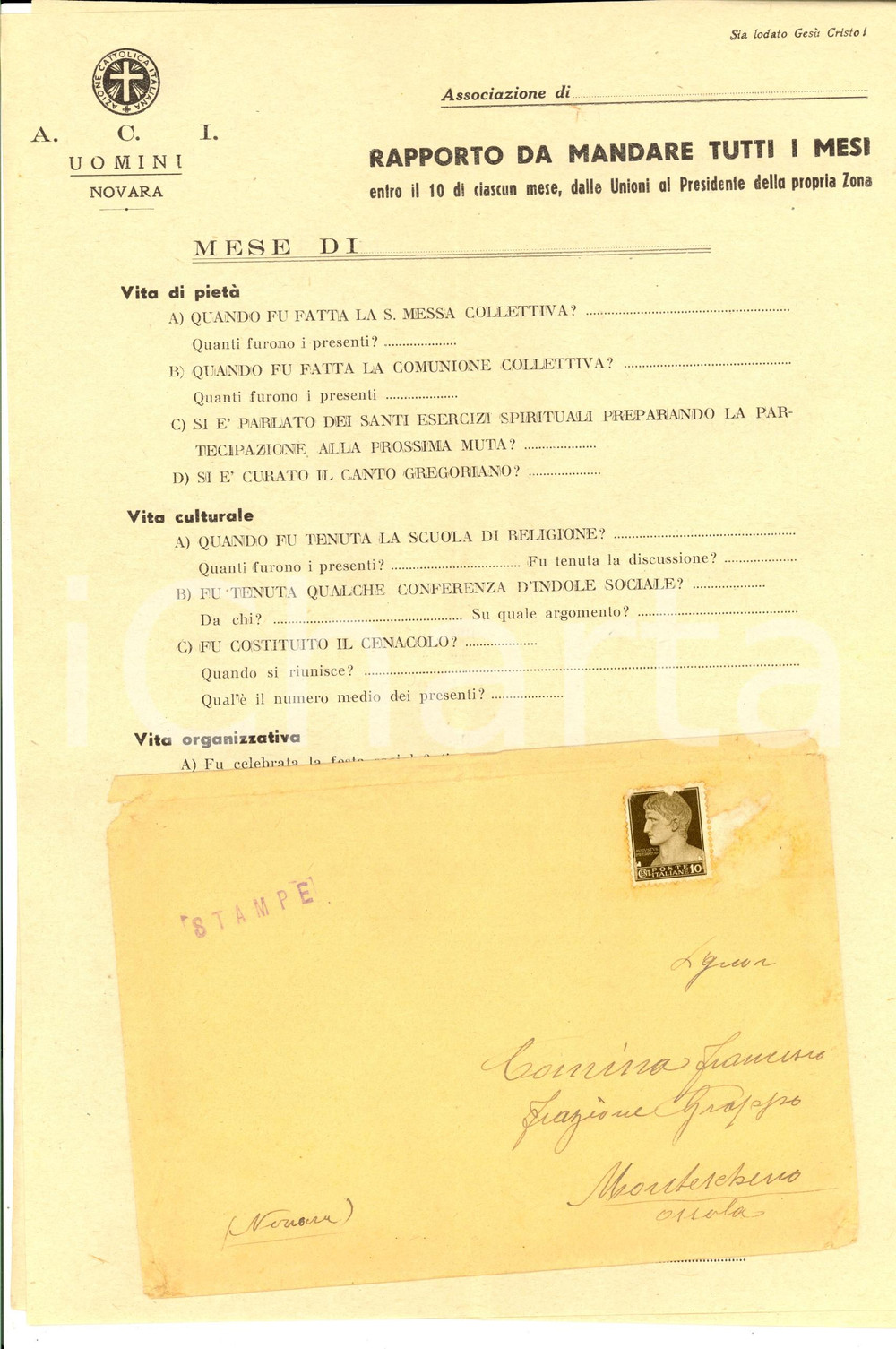 Documento originale, autentico 1915 ca NOVARA AZIONE CATTOLICA UOMINI Schede per vita apostolica e culturale 1