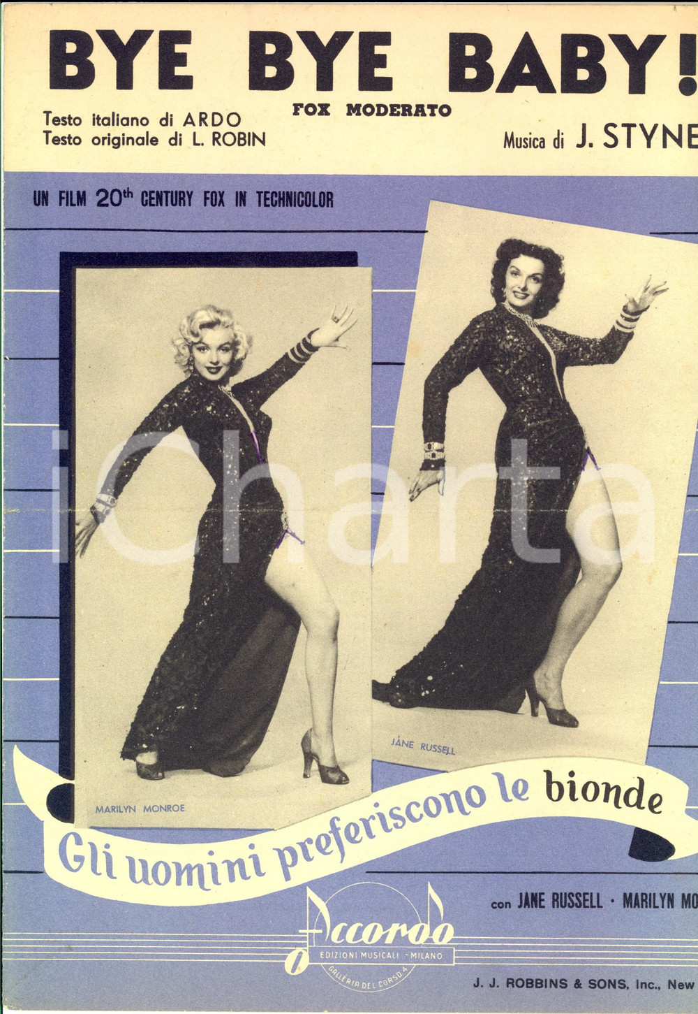 Oggetto da collezione cartaceo 1949 J. STYNE Bye bye Baby! Da  'Gli uomini preferiscono le bionde' *Spartito 1