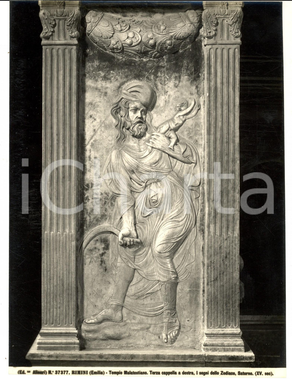 Fotografia d'epoca originale 1930 ca RIMINI Tempio MALATESTIANO Segni dello Zodiaco - Saturno *Foto ALINARI 1