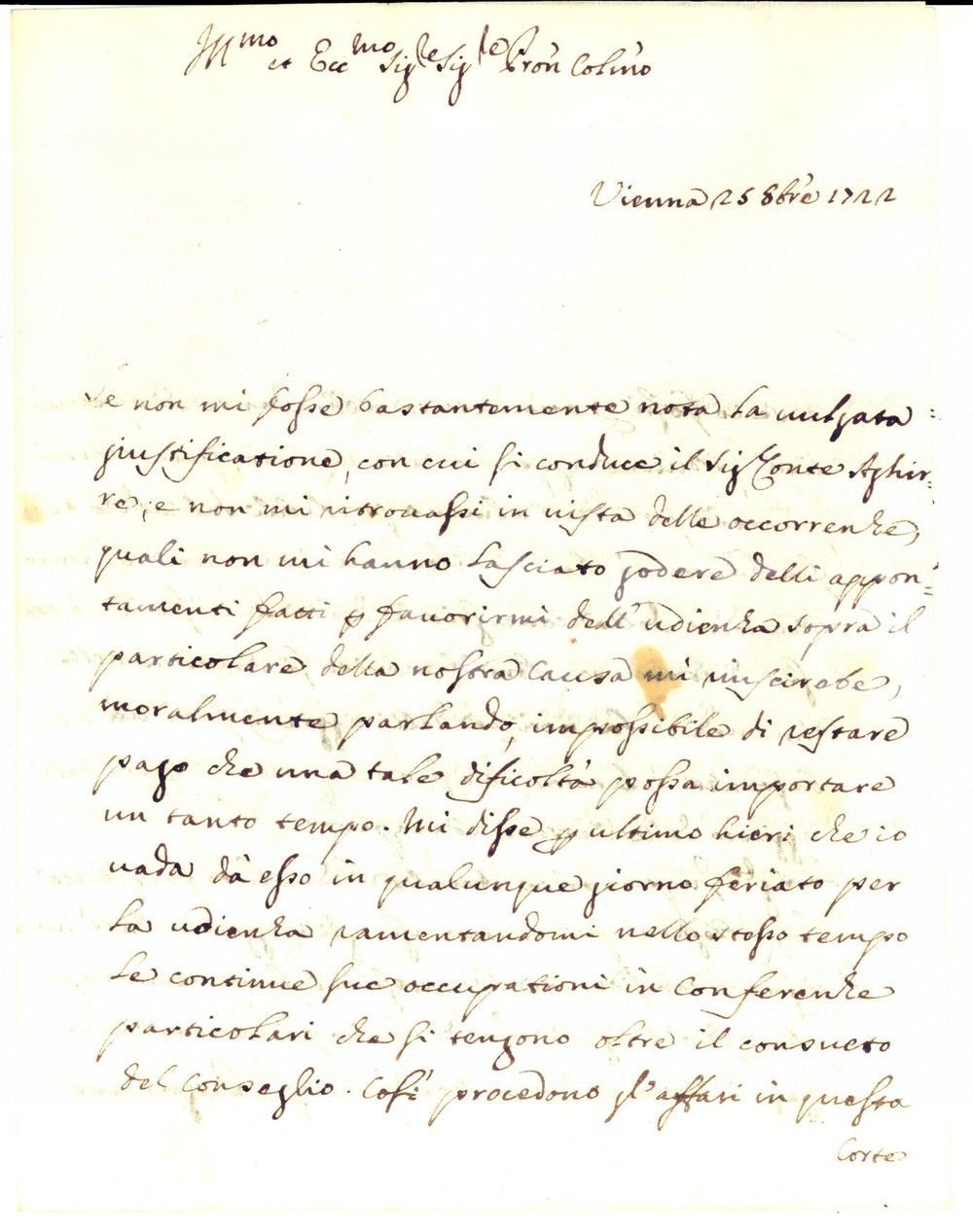 Manoscritto, lettera originale 1722 Corte di VIENNA Carlo DRAGHETTI e i favori dell'imperatrice Amalia *Lettera 1