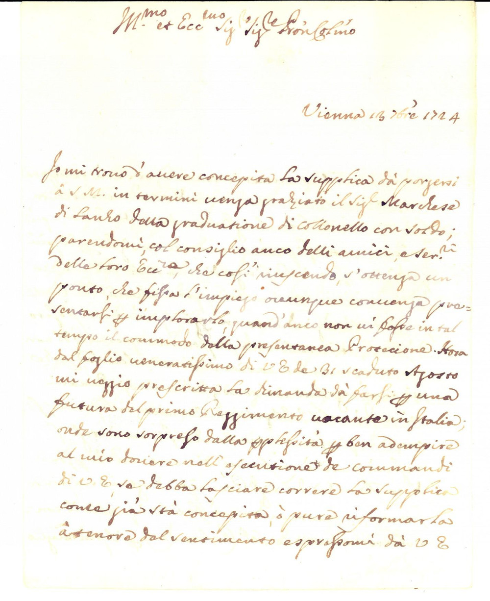 Manoscritto, lettera originale 1724 Corte di VIENNA Promozione del marchese di LANZO a colonnello con soldo 1