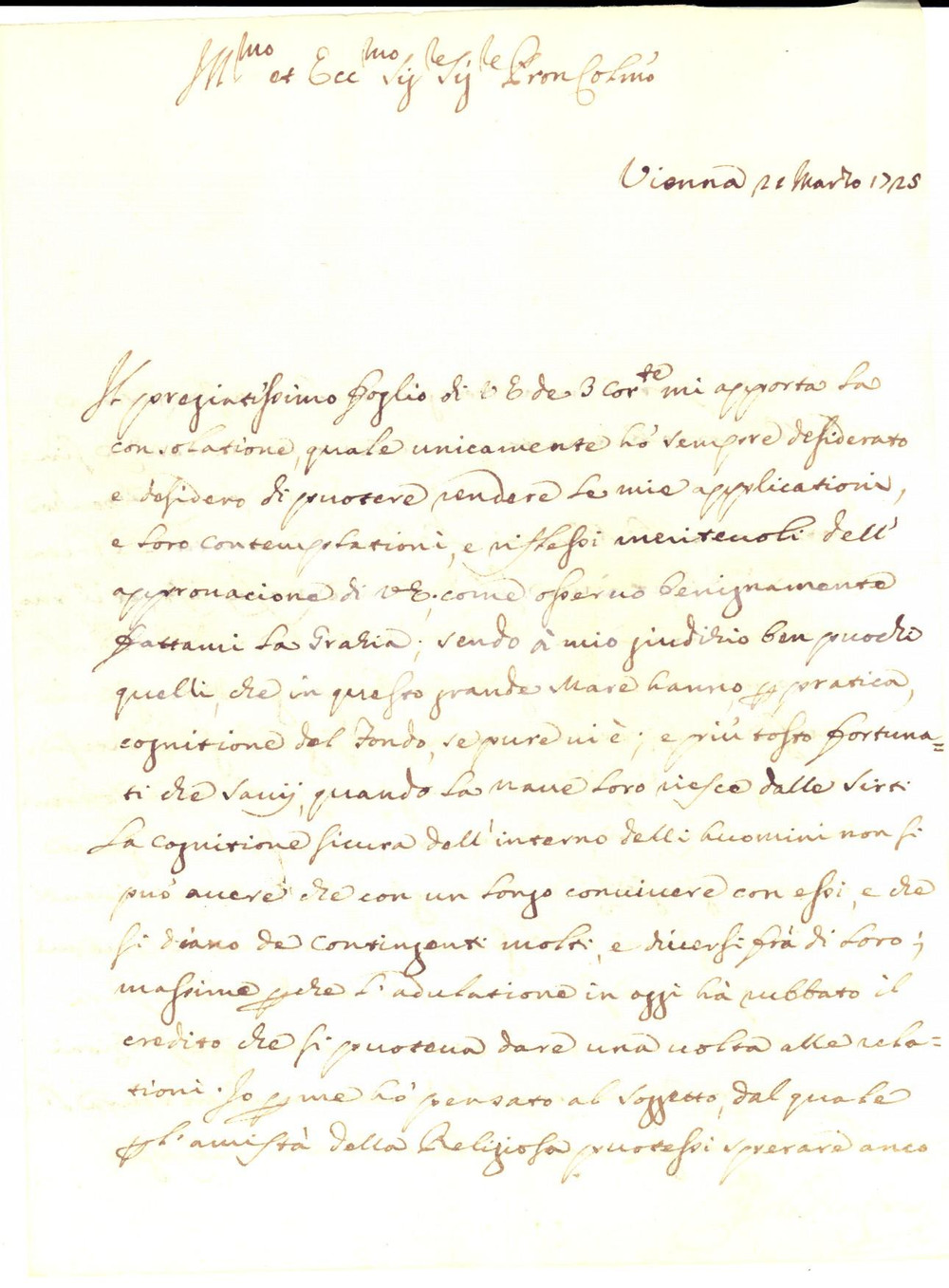 Manoscritto, lettera originale 1725 VIENNA L'adulazione ha rubato il credito alle relazioni *Carlo DRAGHETTI 1