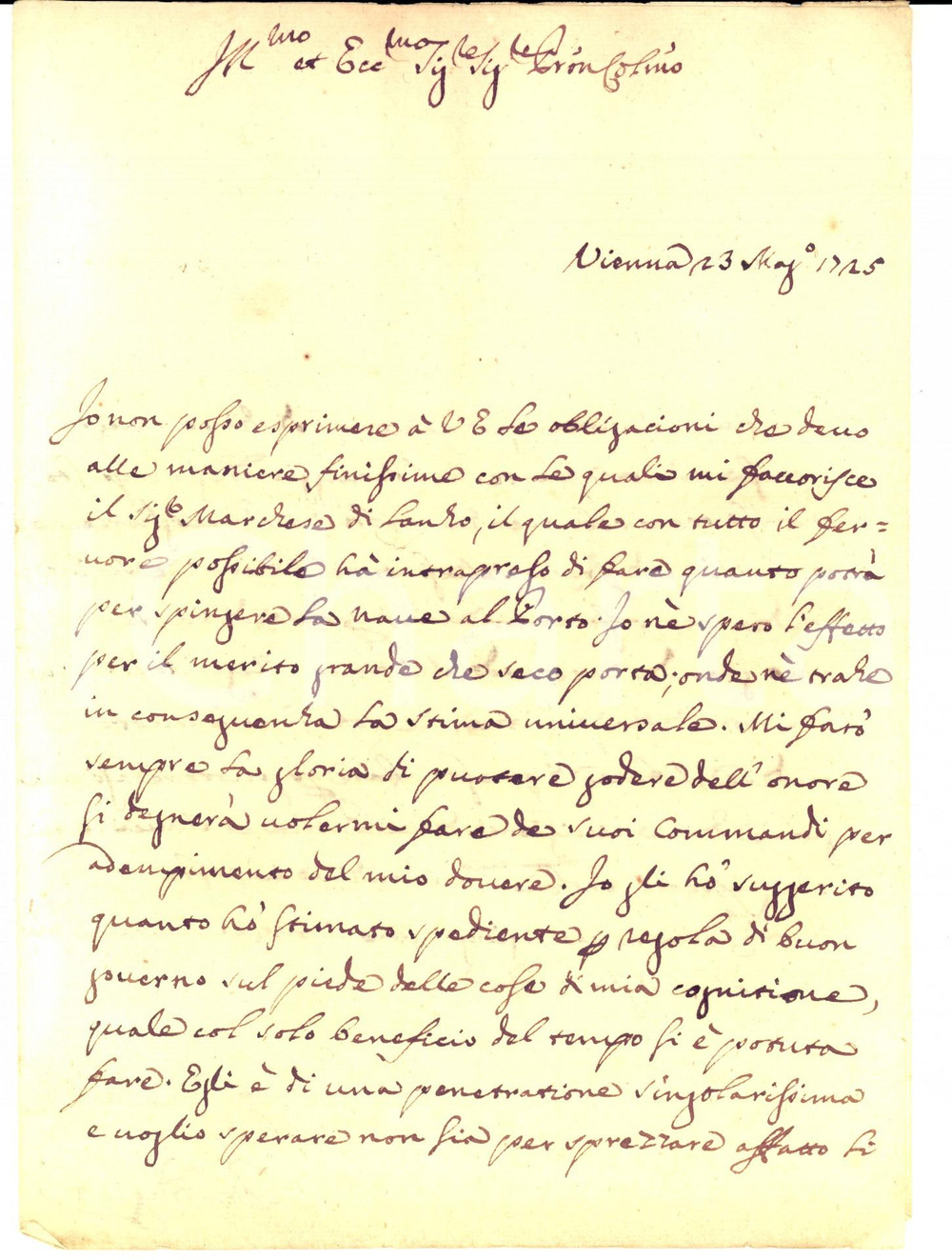Manoscritto, lettera originale 1725 VIENNA Carlo DRAGHETTI favorito dal Marchese di LANZO *Lettera 1