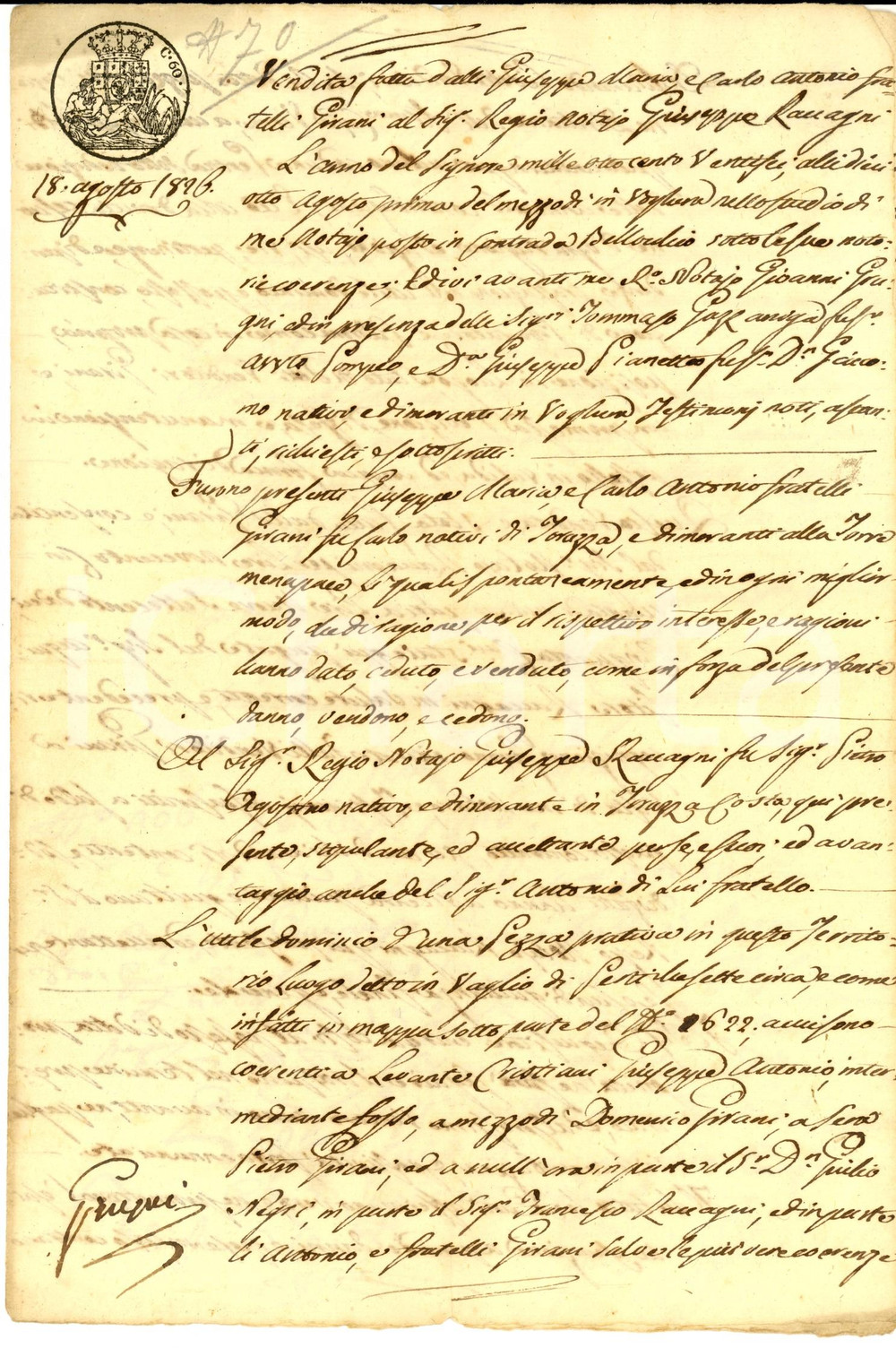 Documento originale, autentico 1826 TORRAZZA COSTE (PV) Giuseppe Maria e Carlo Antonio GIRANI vendono prato 1