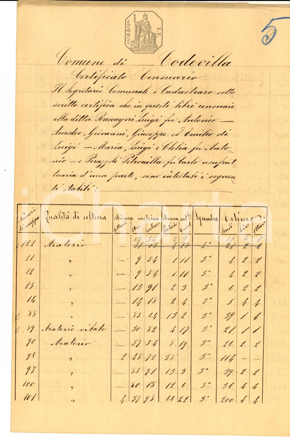 Documento originale, autentico 1890 CODEVILLA (PV) Terre intestate a Luigi RACCAGNI e qualitÃ  delle colture 1
