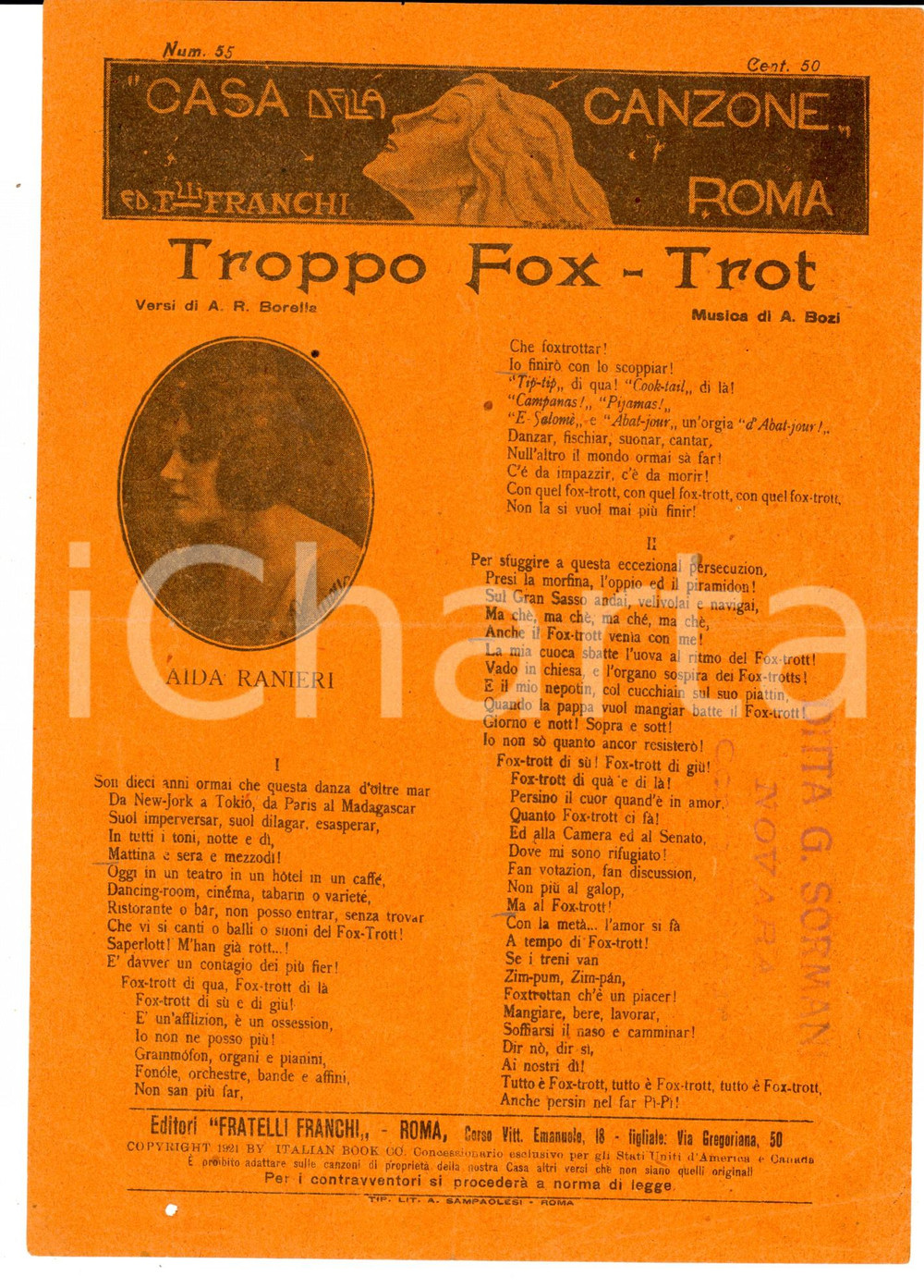 Oggetto da collezione cartaceo 1921 A. R. BORELLA - A. BOZI Troppo fox-trot *Spartito F. LLI FRANCHI ROMA 1