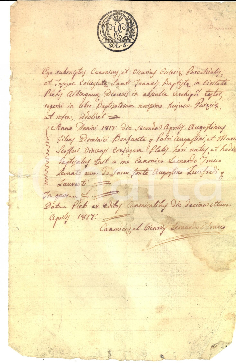 Documento originale, autentico 1817 ALBENGA SV Chiesa di SAN GIOVANNI Fede di battesimo di Agostino BONFANTE 1