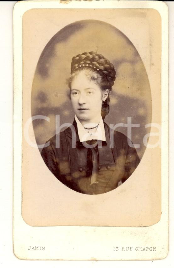 Fotografia d'epoca originale 1870 ca PARIS Ritratto di donna con acconciatura raccolta *Foto JAMIN CDV 1