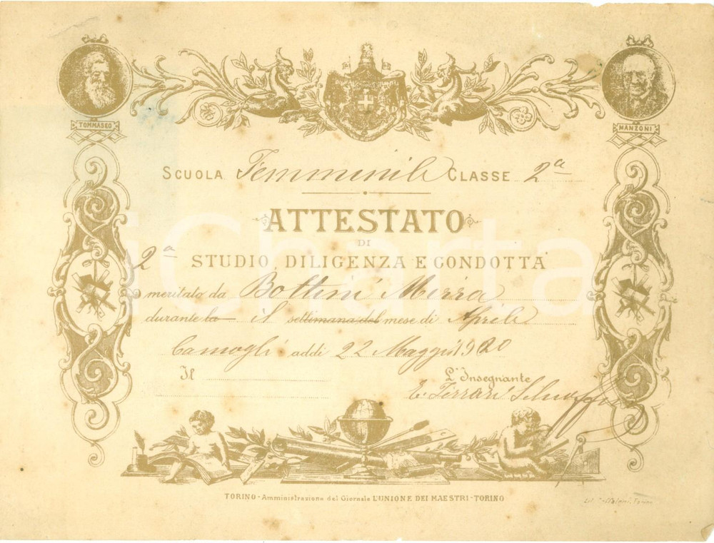 Documento originale, autentico 1920 CAMOGLI GE Scuola femminile Attestato di studio e diligenza Documento 1