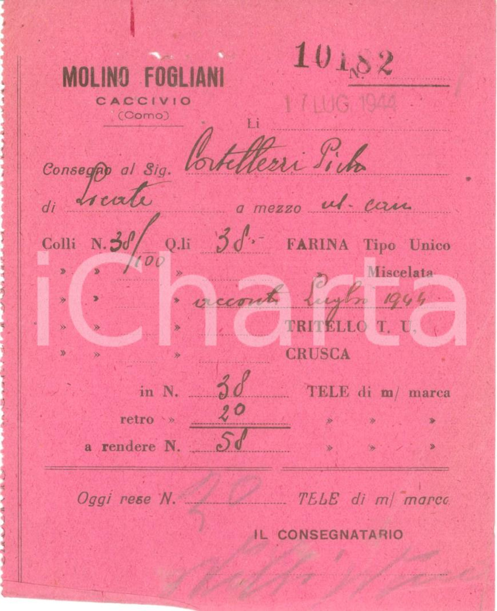 Documento originale, autentico 1944 LURATE CACCIVIO (CO) RSI Molino FOGLIANI Ricevuta per pacchi di farina 1