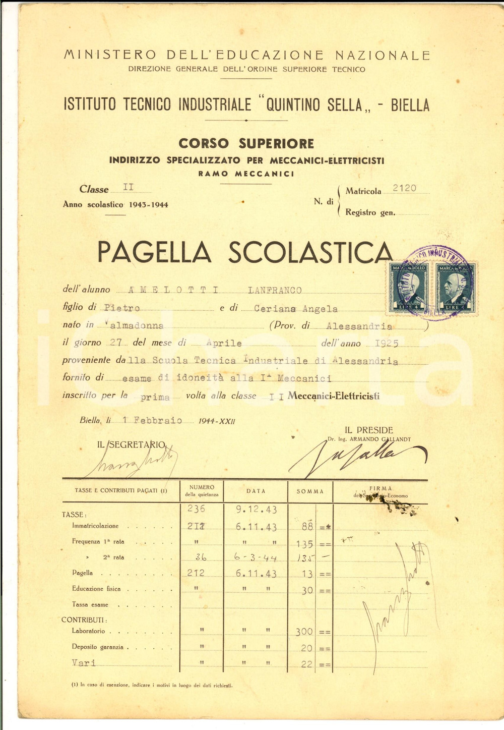 Oggetto da collezione cartaceo 1944 BIELLA Istituto tecnico 'Quintino Sella' *Pagella di Lanfranco AMELOTTI 1