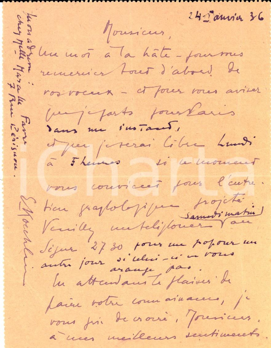 Autografo originale 1936 MULHOUSE Elisabeth KOECHLIN SANDOZ  rimanda appuntamento *Autografo 1