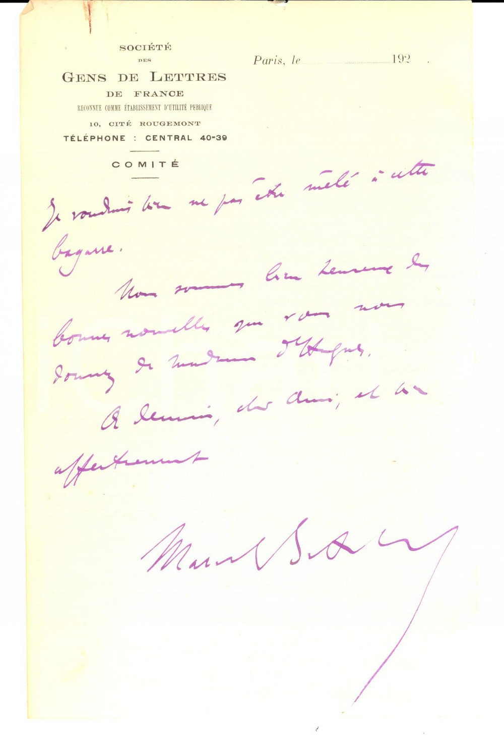 Autografo originale 1920 ca PARIS SociÃ©tÃ© des Gens de Lettres Marcel BATILLIAT odia le bagarre 1