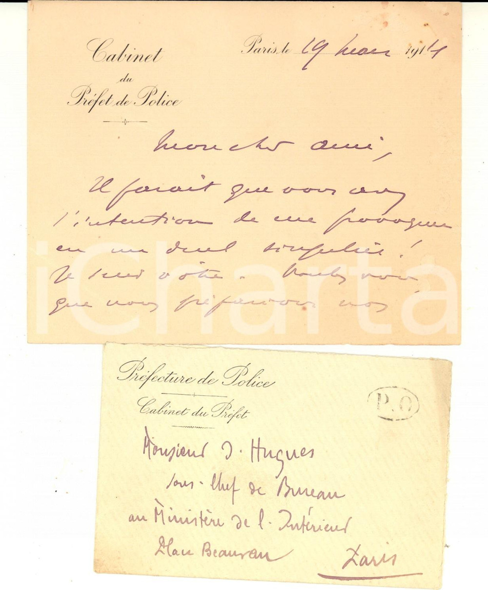 Autografo originale 1914 PARIS Cabinet du PREFET DE POLICE Billet Ã  Pierre d'HUGUES 1