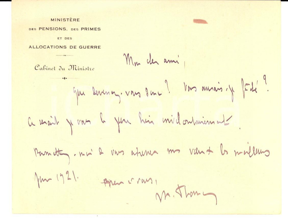 Autografo originale 1920 PARIS Cabinet du MINISTRE DES PENSIONS ET DES PRIMES DE GUERRE Billet 1