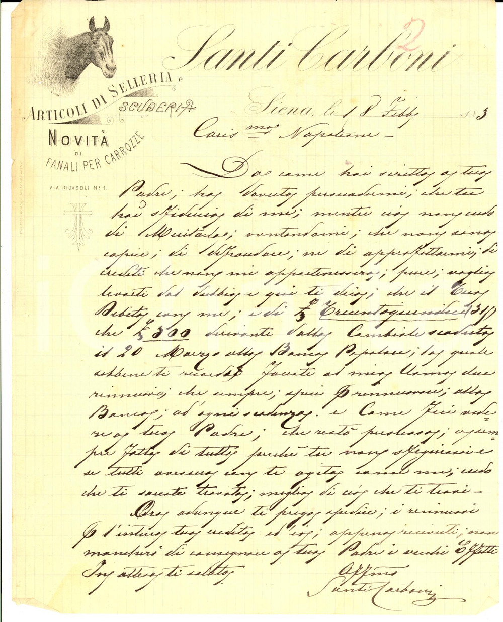Manoscritto, lettera originale 1893 SIENA Santi CARBONI rivendica il credito per fornitura selleria Lettera 1