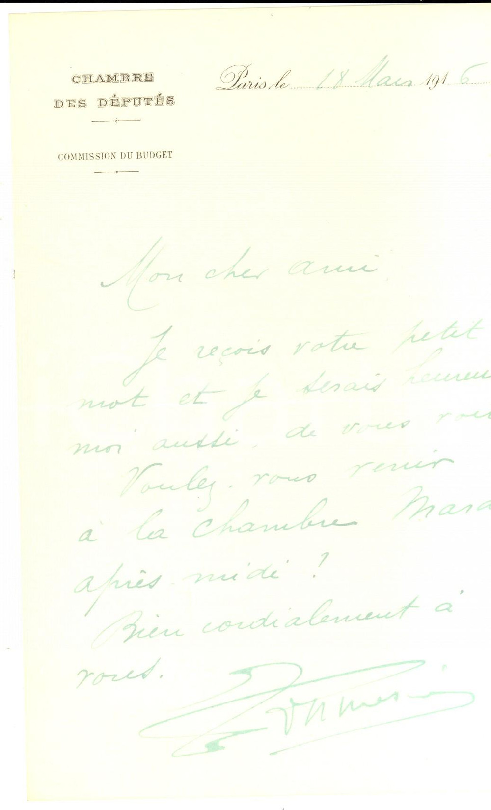 Autografo originale 1916 WW1 PARIS DÃ©putÃ© Jacques-Louis DUMESNIL promet un rendez-vous *AUTOGRAPHE 1