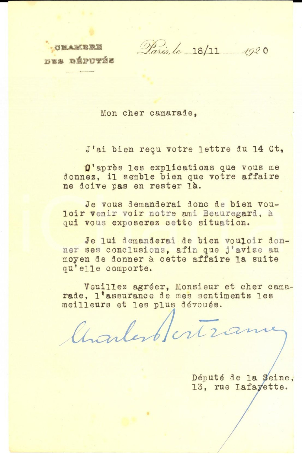 Autografo originale 1920 PARIS Deputato Charles BERTRAND s'interessa a un affare *AUTOGRAFO 1