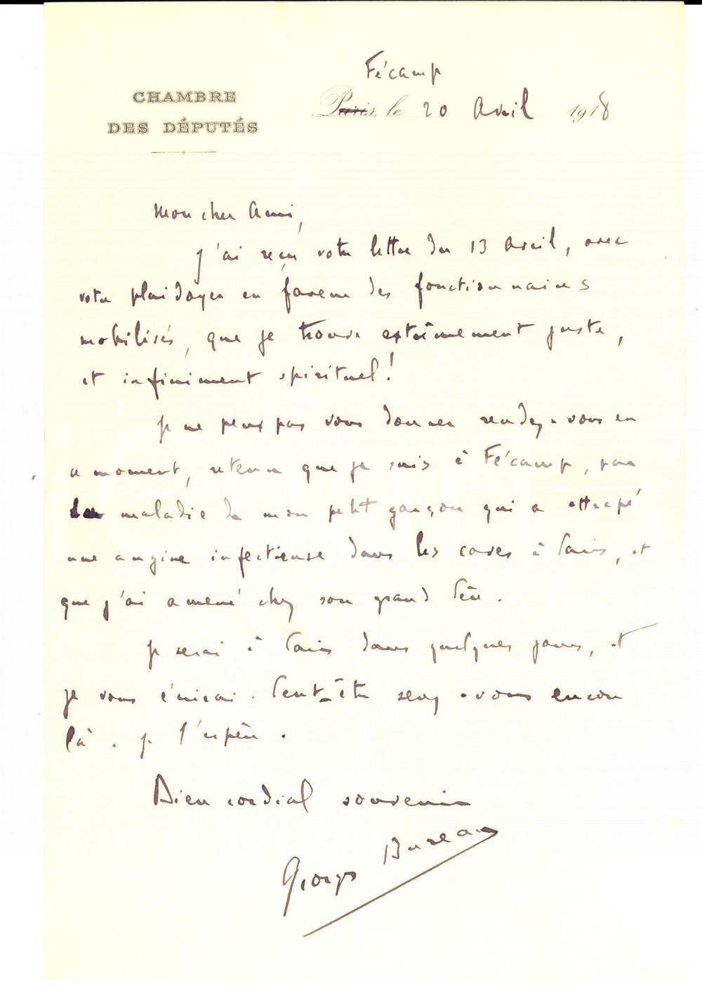 Autografo originale 1918 FECAMP (P) Georges BUREAU a casa per la malattia del figlio *AUTOGRAFO 1