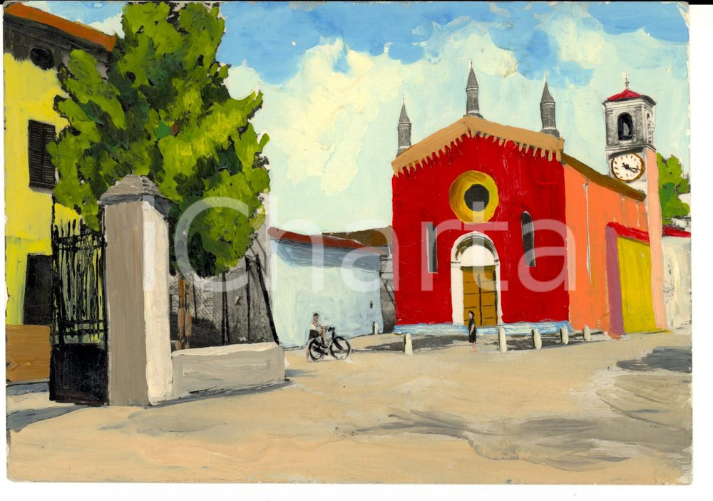 Cartolina originale da collezione 1956 TORNATA (CR) La chiesa *Cartolina VINTAGE DIPINTA A MANO in superficie 1