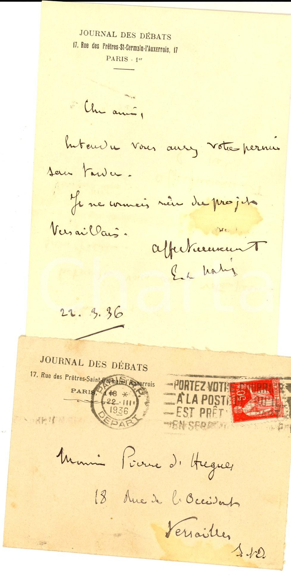 Autografo originale 1936 PARIS JOURNAL DES DEBATS Etienne BANDY DE NALECHE *Billet autographe 1